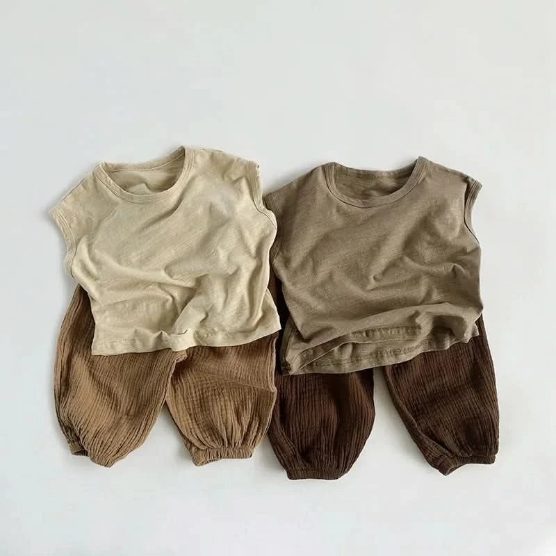 Summer Children Slub Cotton T Shirts Korean Fashion Toddler Kids Sleeveless Striped T-Shirts Baby Boys Casual Tank Tops 4 5 6 7Y - M & M Global