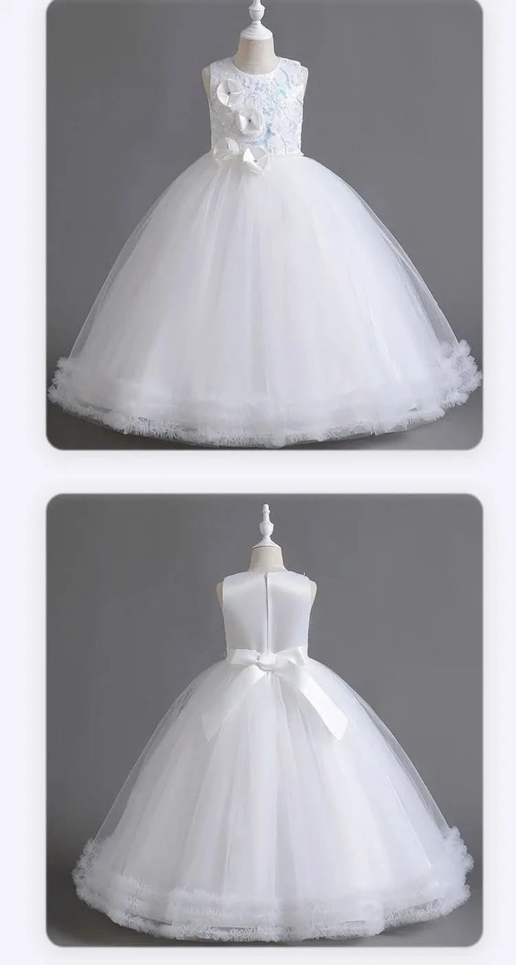 Girls' Sequin Pearl Princess Dress 5-14 Years Old Flower Decal Sleeveless Temperament Long Dress Halloween Banquet Fashion Dress - M & M Global