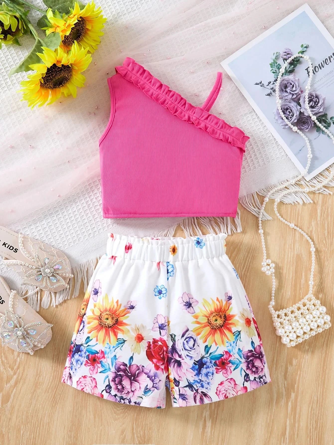 Girls Children Fashion Suit One Shoulder Top & Shorts Printed Floral Girl Summer Suspender Set Birthday Gift Fashion Suits - M & M Global