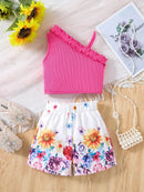 Girls Children Fashion Suit One Shoulder Top & Shorts Printed Floral Girl Summer Suspender Set Birthday Gift Fashion Suits - M & M Global