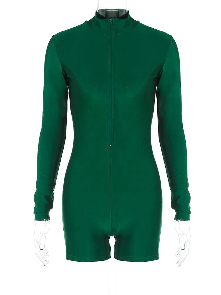 Hugcitar Solid Turtleneck Long Sleeve Zip Up Sexy Slim Skinny One Piece Playsuit 2024 Fall Women Fashion Streetwear Party Romper - M & M Global