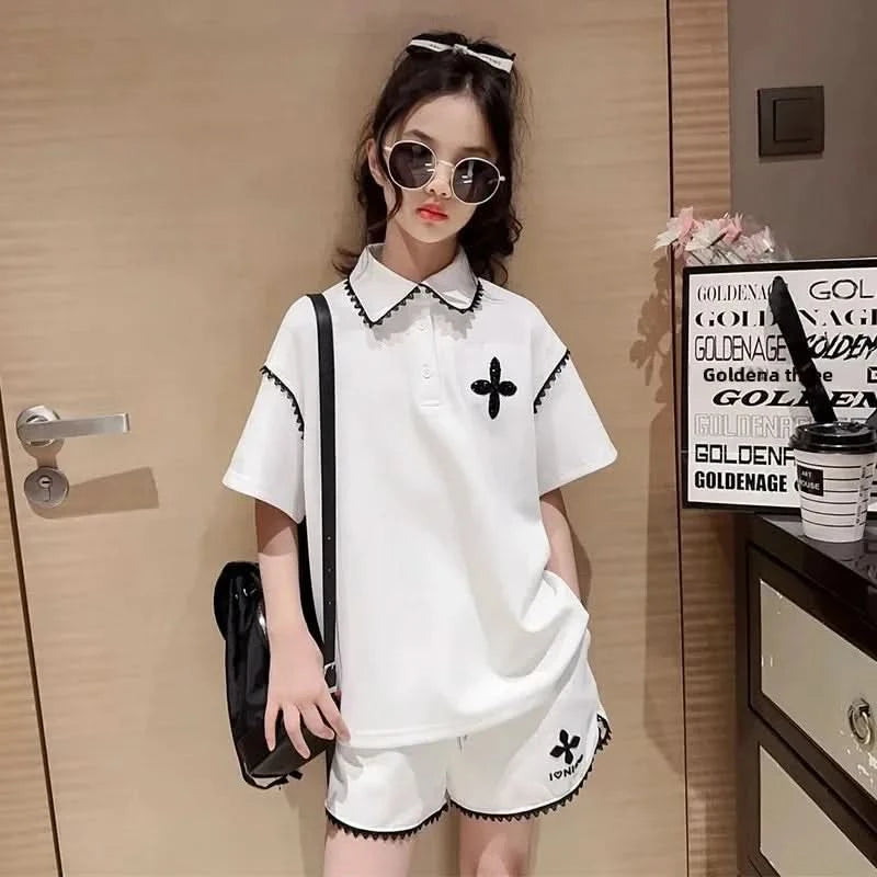 Girls Summer Polo Shirt Set Ruffle Collar T-Shirt Shorts Two-Piece Korean Style Mid-Big Children Fashionable Clothing - M & M Global