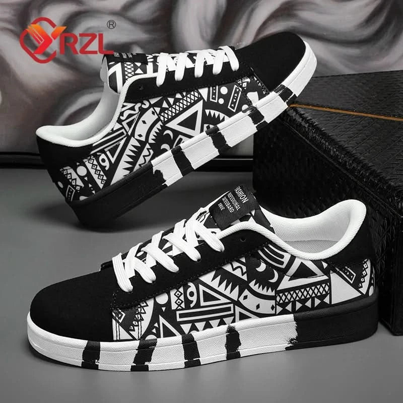 YRZL Men's Sports Running Shoes Canvas Geometric Style Lace-Up Sneakers Couples' Fashionable Graffiti Print Skate Shoes Men - M & M Global