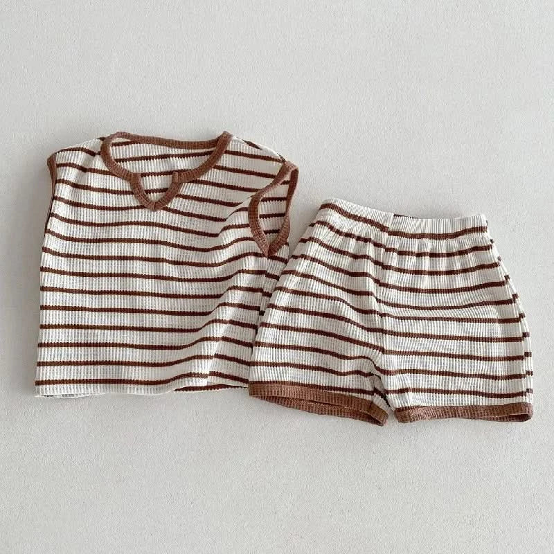 Summer baby clothes 0-5T solid color boys striped sleeveless T-shirt shorts set breathable girls vest short sleeved shorts set - M & M Global
