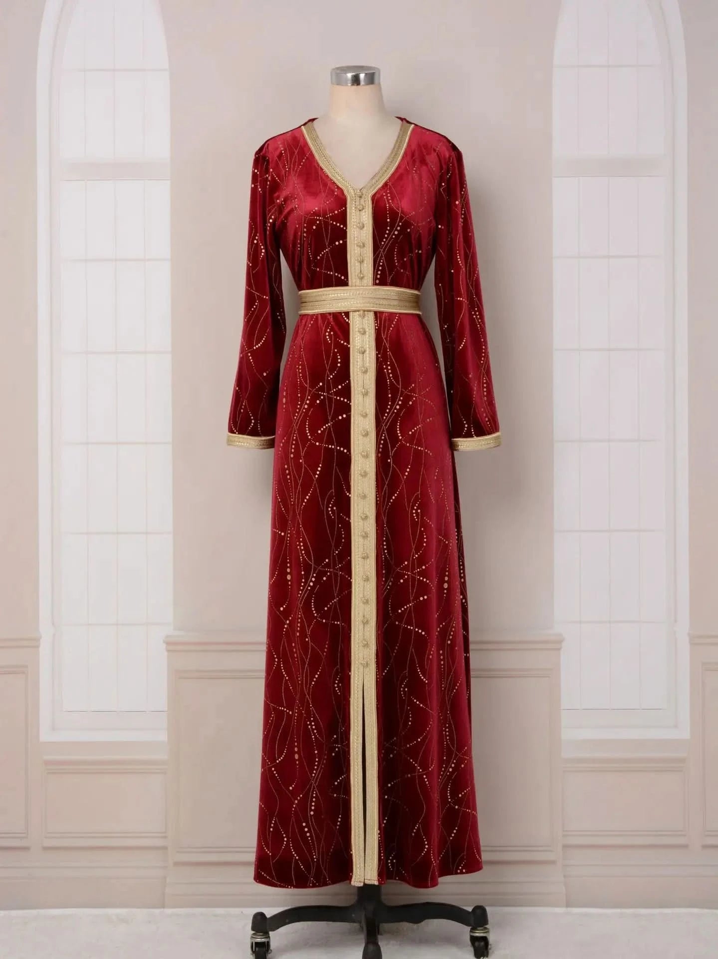 Ramadan Luxury Muslim Fashion Bat Sleeve Moroccan Turkiye Dubai Dress Middle East Arab Dress Sequins Golden Velvet Long Dress - M & M Global