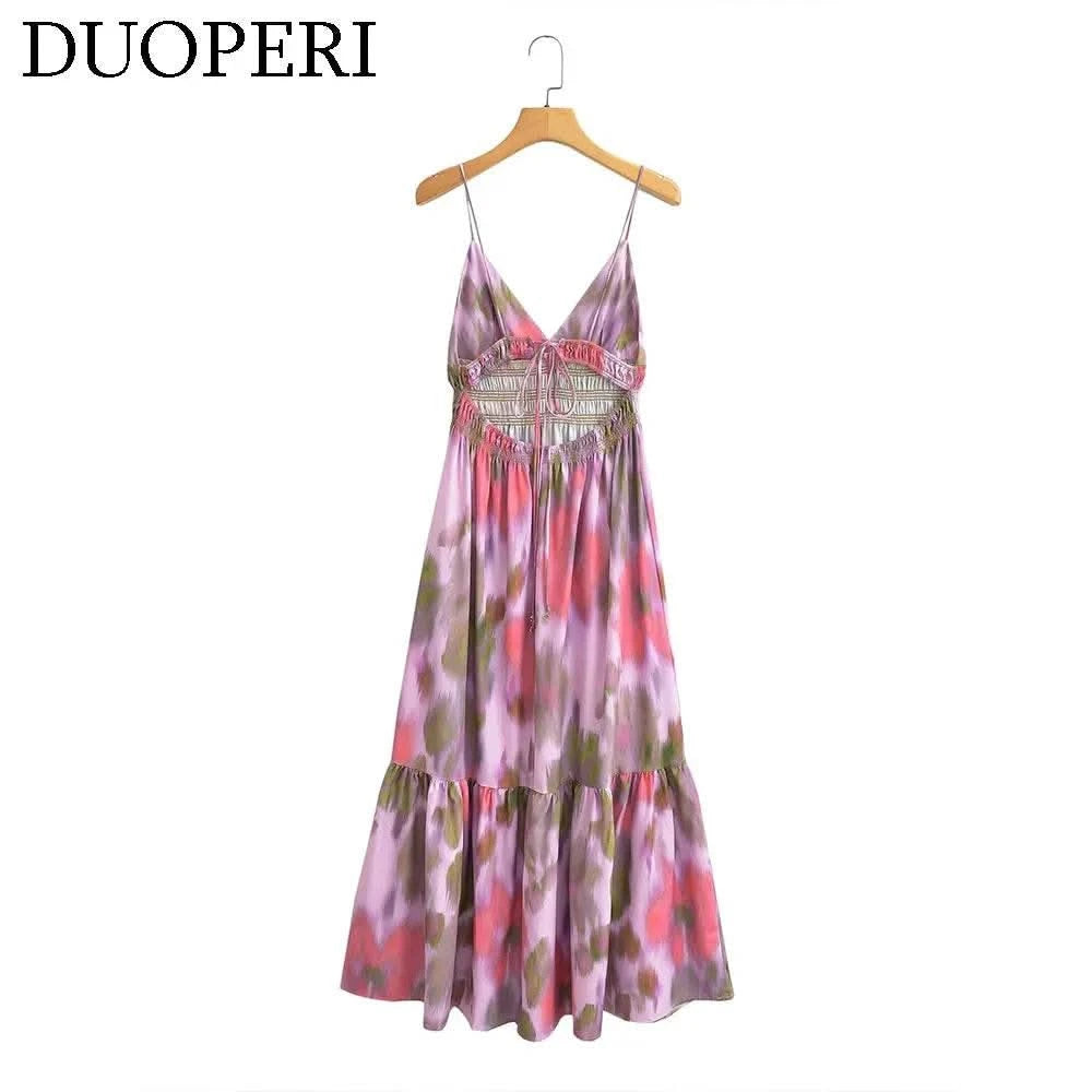 DUOPERI Women Fashion Printed V-Neck Backless Midi Camisole Dress Female Chic Lady Casual Long Dress - M & M Global