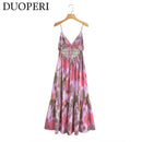 DUOPERI Women Fashion Printed V-Neck Backless Midi Camisole Dress Female Chic Lady Casual Long Dress - M & M Global