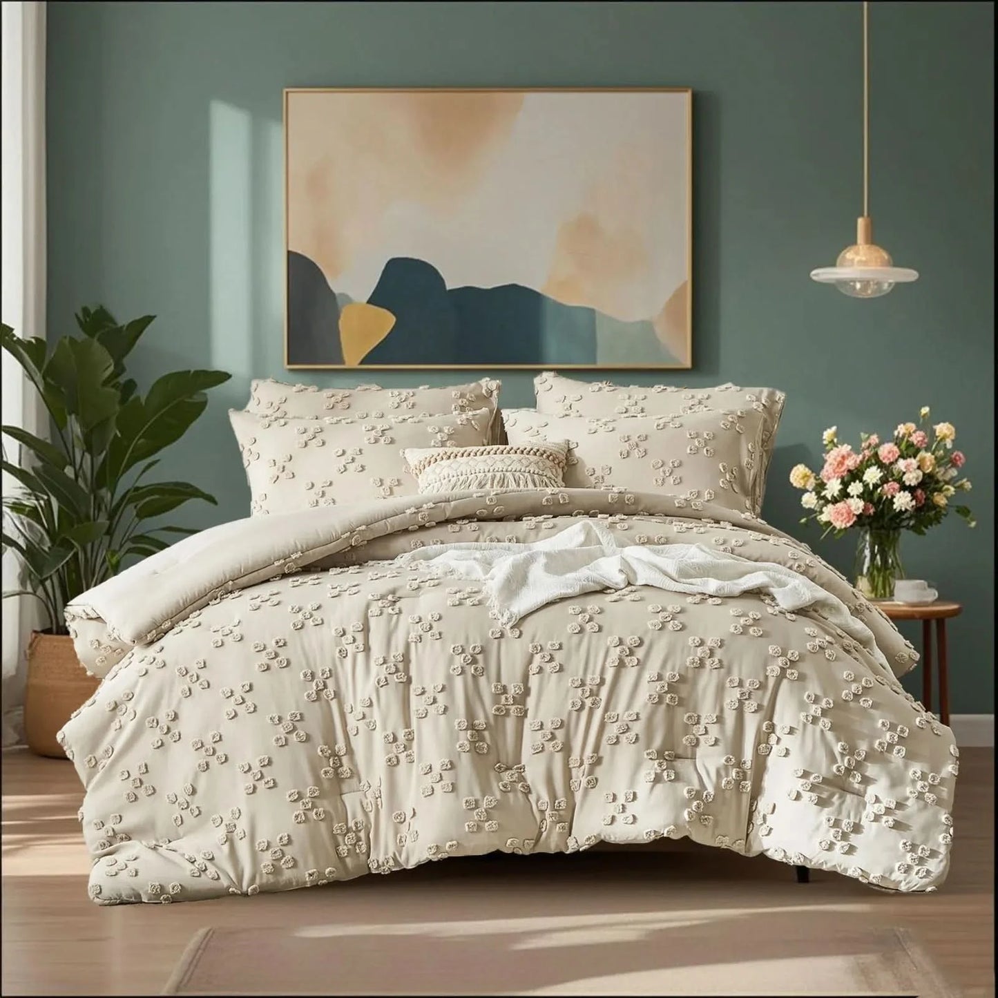 Solid color tufted bedding set, microfiber is lightweight and breathable, machine washable, queen/king size, all seasons