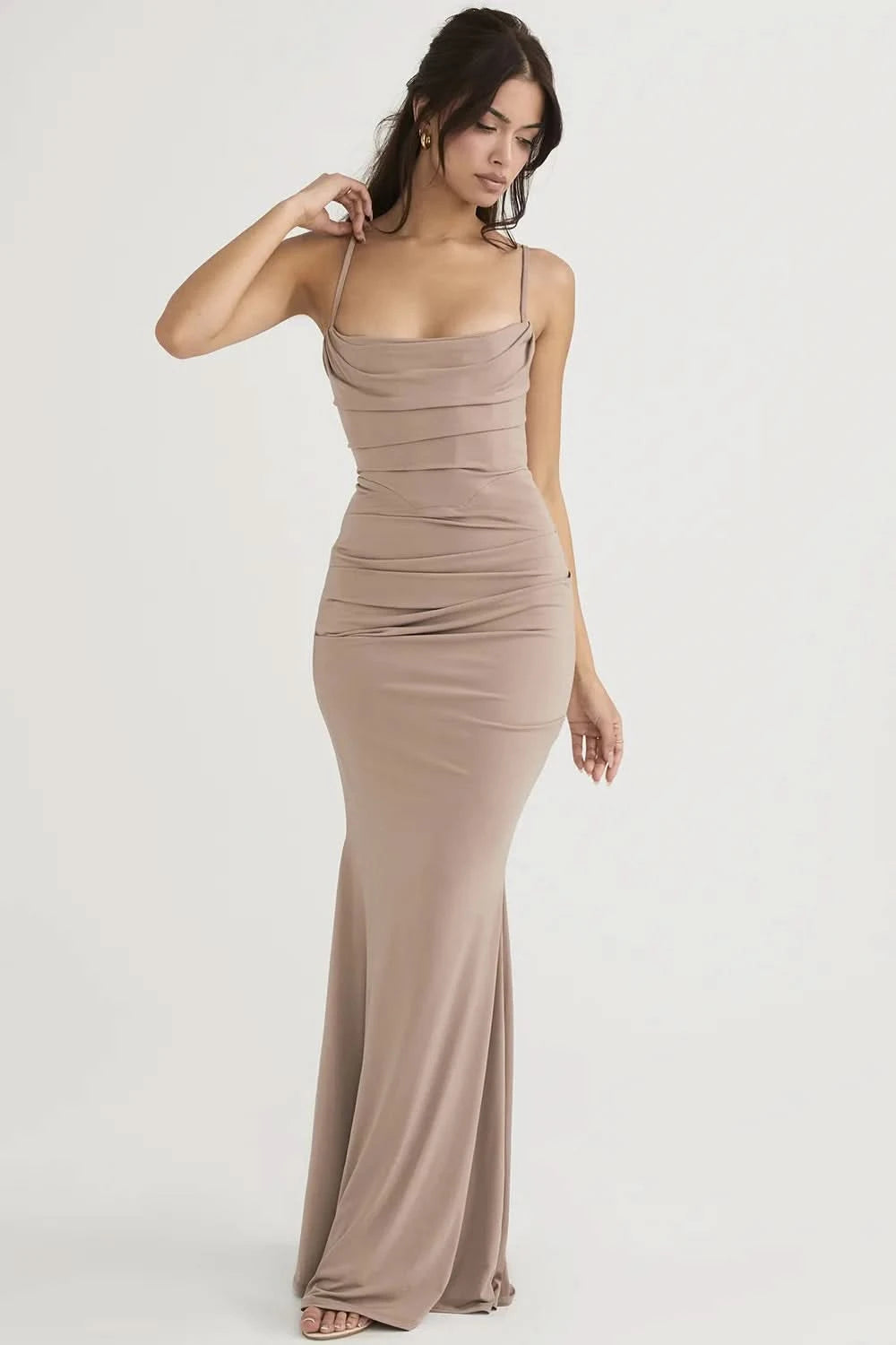 Elegant Dresses for Women Almond Corset Maxi Dress Draped Evening Night Party Dresses Bodycon Sexy Backless Dress with Fishbone - M & M Global