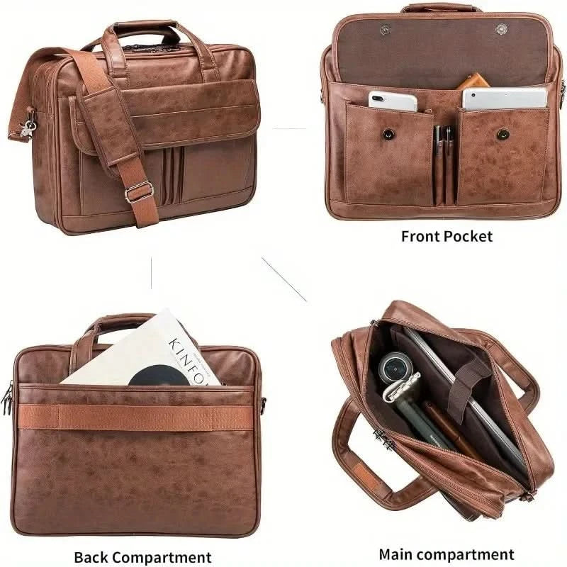 Vintage Messenger Bag for Men 17 Inch Laptop Briefcase Multi Pocket Faux Leather Shoulder Bag Business Crossbody Bag Travel - M & M Global