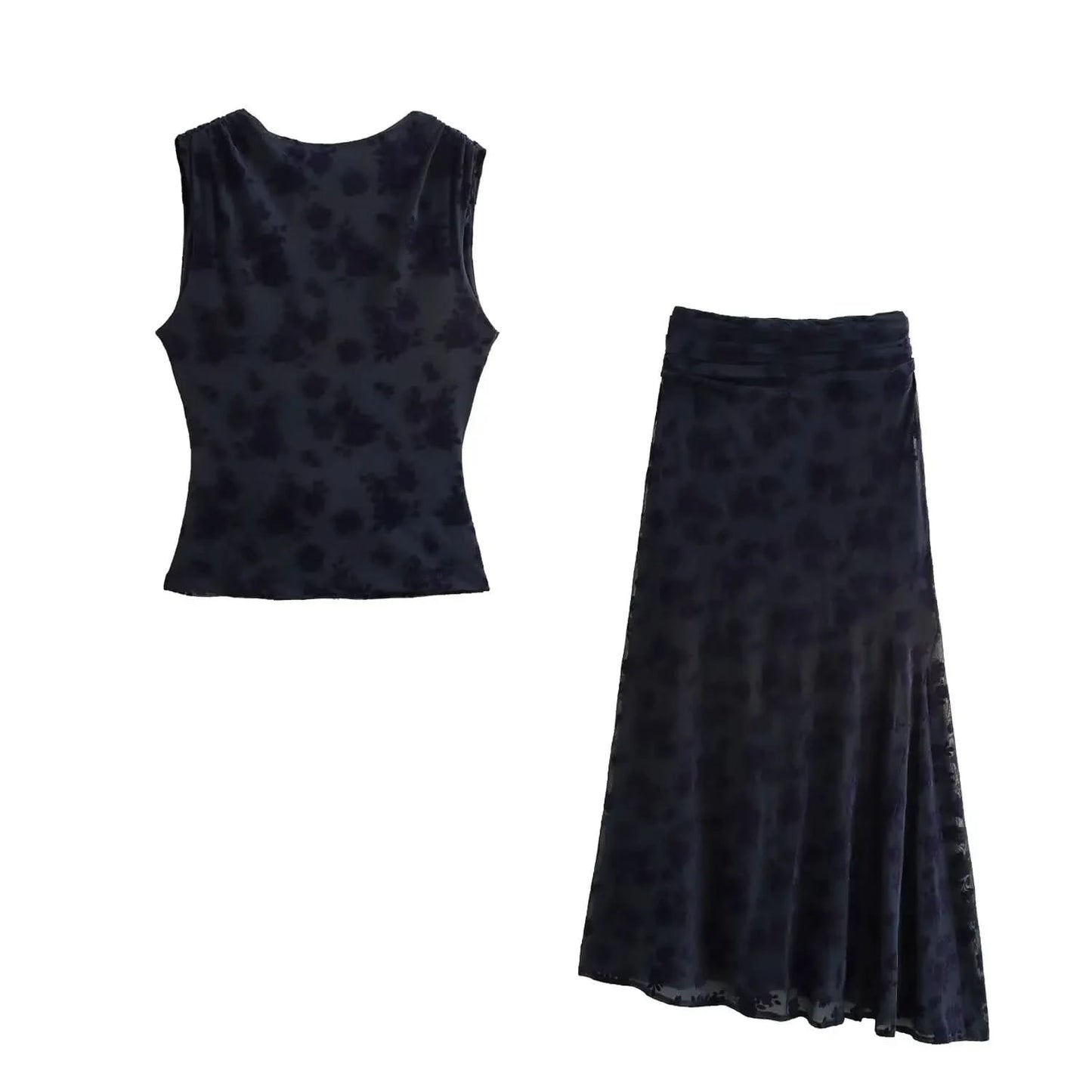 TRAFZA Vintage Casual Chic Women Flocking Suit O-Neck Backless Sleeveless Top Asymmetrical Long Skirt Fashion 2025 Spring Suit - M & M Global