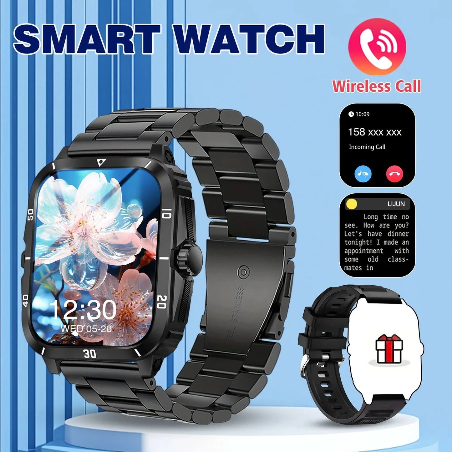 Smart Watch, Wireless Calls, Message Reminders, Multi-Sports Mode, Music Playback, Suitable For Iphone/Android Phones
