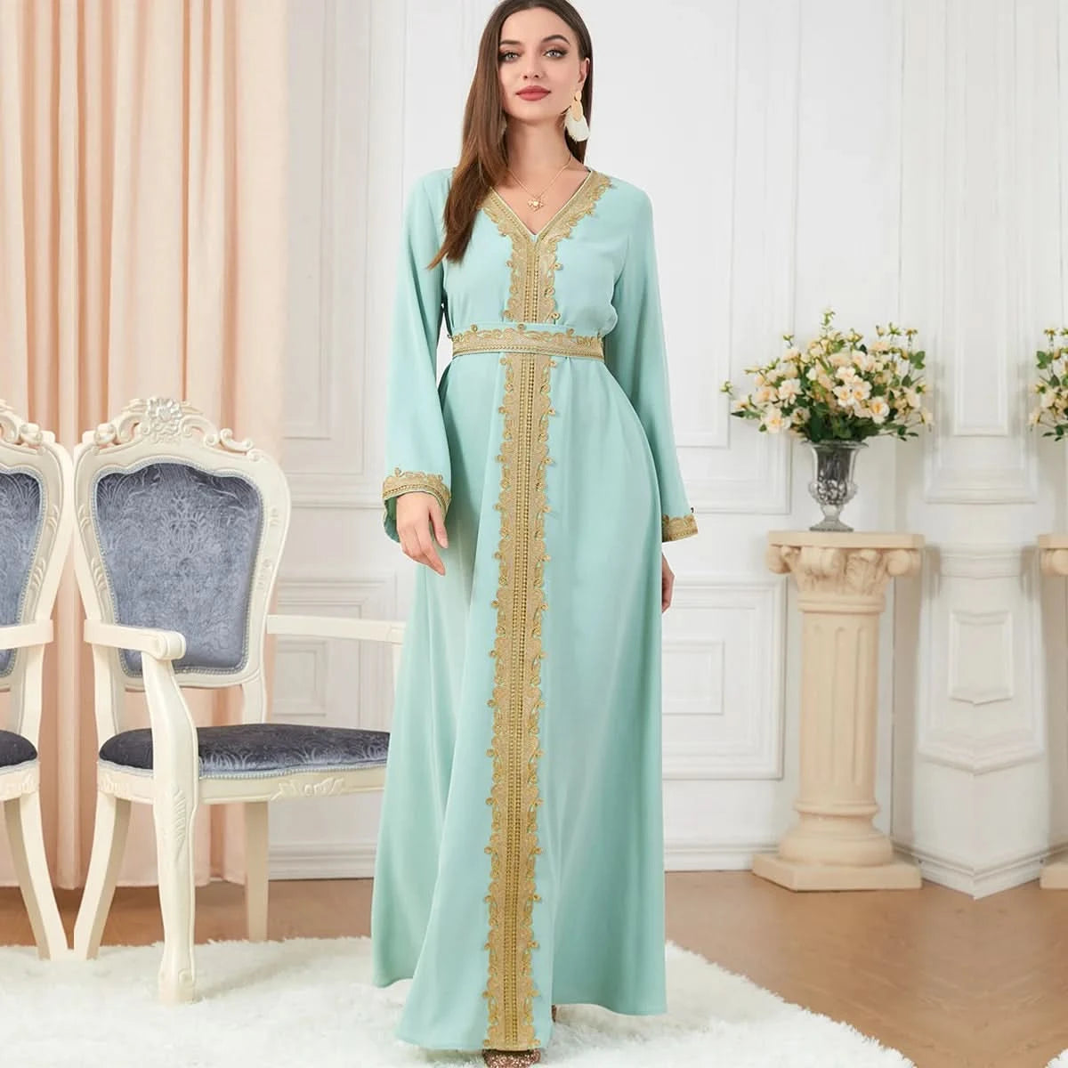 Ramadan Luxury Muslim Fashion Bat Sleeve Moroccan Turkiye Dubai Dress Middle East Arab Dress Sequins Golden Velvet Long Dress - M & M Global