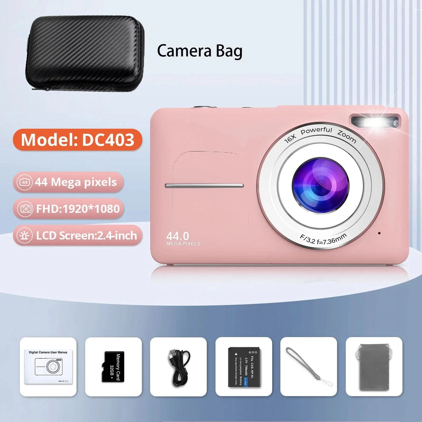 HD 1080P 2.4 inch digital Camera Rechargeable Cameras with 16x Zoom Compact Camera 44MP Cameras for kids Beginner Camera - M & M Global