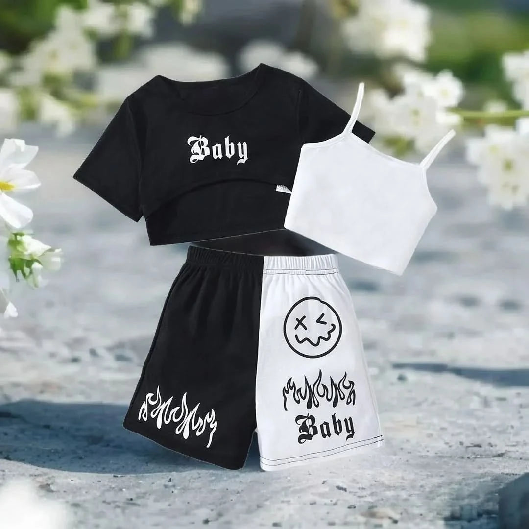 New Kids Girls Clothing Set Summer Short Sleeve Fashion Three Piece Girls Suit Color Block Children Outfits Girls Clothes 8-12Y - M & M Global