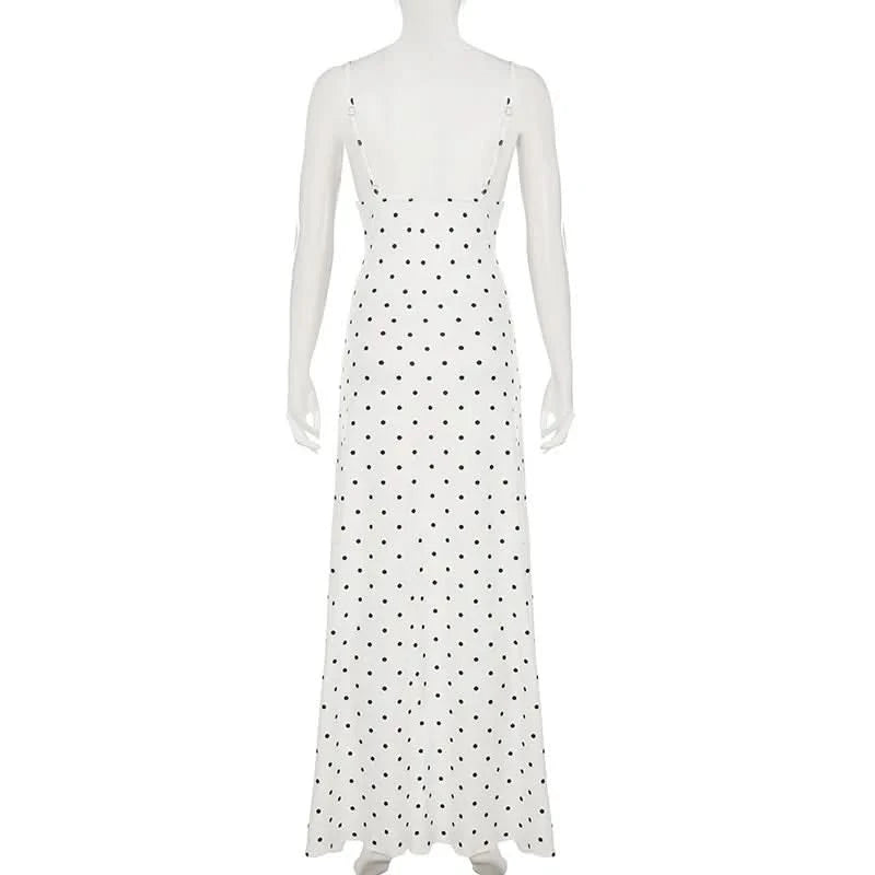 Tuularose Lace Spaghetti Strap Long Dress Women's Elegant Retro V-Neck Polka Dot Sleeveless Dress Summer Patchwork Party Dress - M & M Global