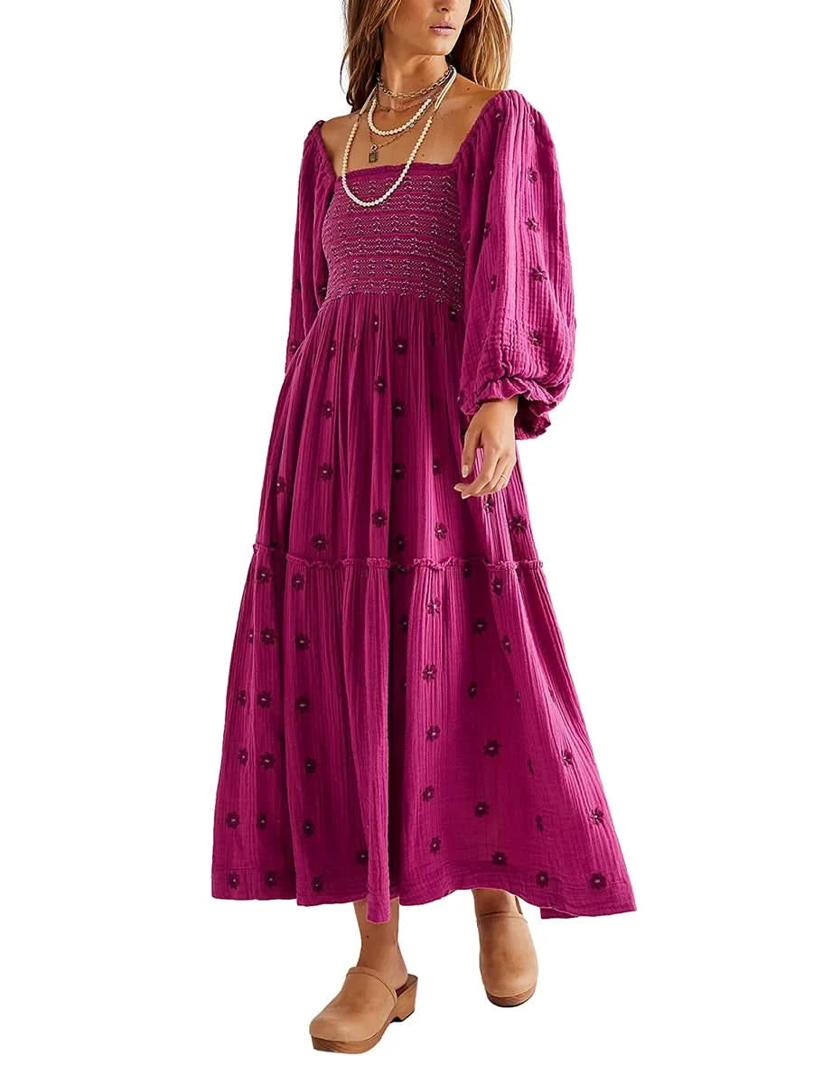 Women's Flower Embroidered Long Dress Bodycon Lantern Sleeve Square Neck Tiered Flowy Dress Bohemian Summer Beachwear Dresses - M & M Global