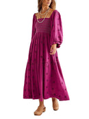 Women's Flower Embroidered Long Dress Bodycon Lantern Sleeve Square Neck Tiered Flowy Dress Bohemian Summer Beachwear Dresses - M & M Global