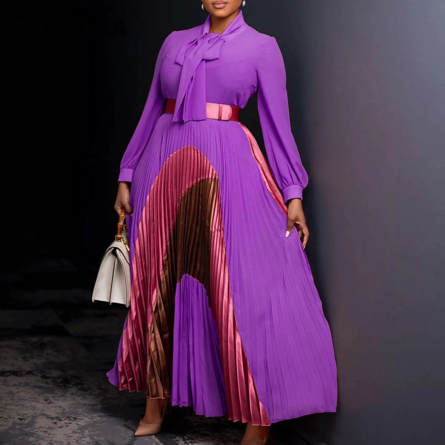 CM.YAYA Elegant Women Wraped Bow Neck Long Sleeve with Sashes Maxi Long Dress Chic INS Sexy Party Prom Big Swing Pleated Dresses - M & M Global