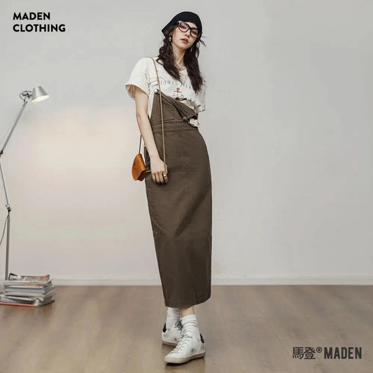 Maden 2024 New Women's Maillard Suspender Straight Skirt and Age-reducing Lazy Style Stackable Long Dress for Spring and Summer - M & M Global