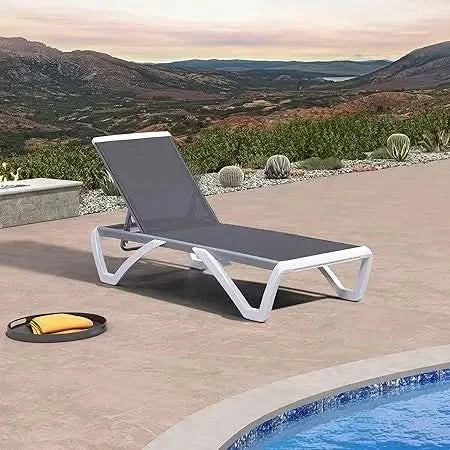 Patio Chaise Lounge Chair Set of 3 Outside Aluminum Plastic Stackable Tanning Chairs with Armrests and Side Table for Pool Sunb
