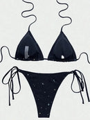 Sexy Laced Up Sequins Bikini 2 Piece Set Women Solid Split Swimsuit High Waist Beach Bikini 2025 New Summer Swimwear Bikinis Set - M & M Global