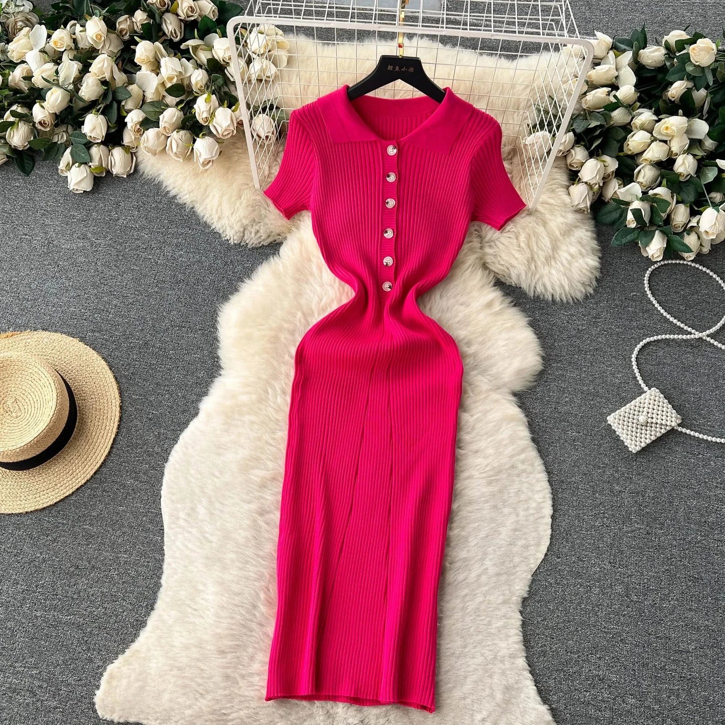 Summer Elastic Women Solid Knit Dress Summer Rose Red Retro Loose Sundress Sets 2024 bodycon Streetwear Sheer Beach Long Dress - M & M Global