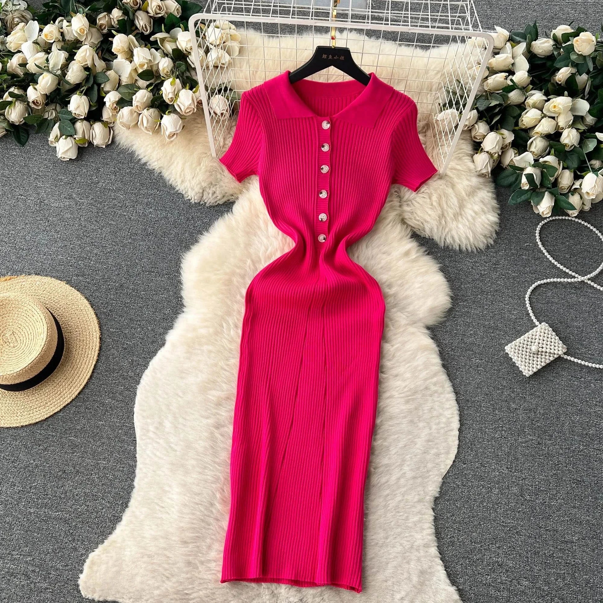Summer Elastic Women Solid Knit Dress Summer Rose Red Retro Loose Sundress Sets 2024 bodycon Streetwear Sheer Beach Long Dress - M & M Global