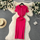 Summer Elastic Women Solid Knit Dress Summer Rose Red Retro Loose Sundress Sets 2024 bodycon Streetwear Sheer Beach Long Dress - M & M Global