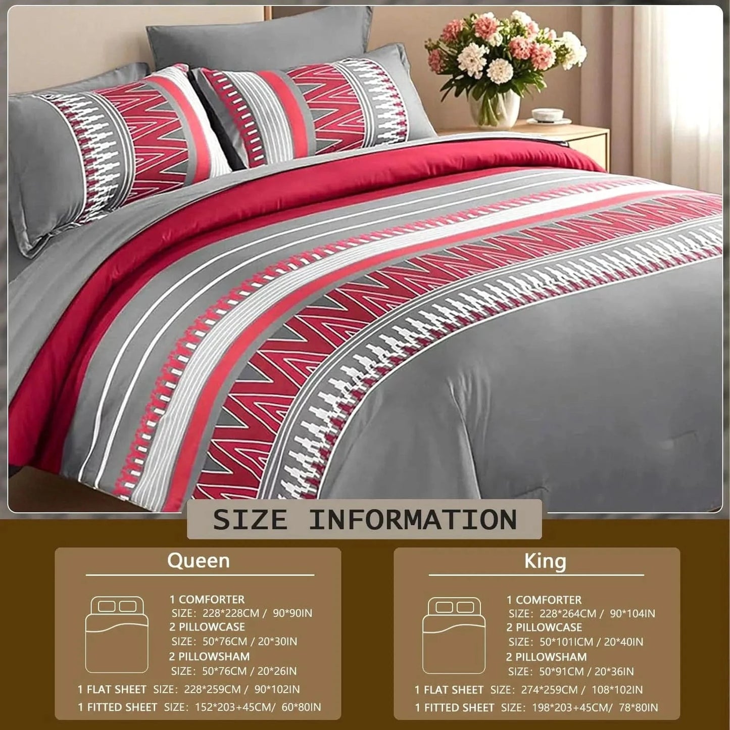 Bedding set with red and gray pattern on a bed, size information displayed.
7-piece microfiber bedding set

All-season bed comforter

Soft brushed microfiber bedding

Luxury quilt set for queen bed

Fade-resistant bedding set

Machine washable comforter set

Elegant bedroom decor

Gift bedding set for women

Hypoallergenic bedding