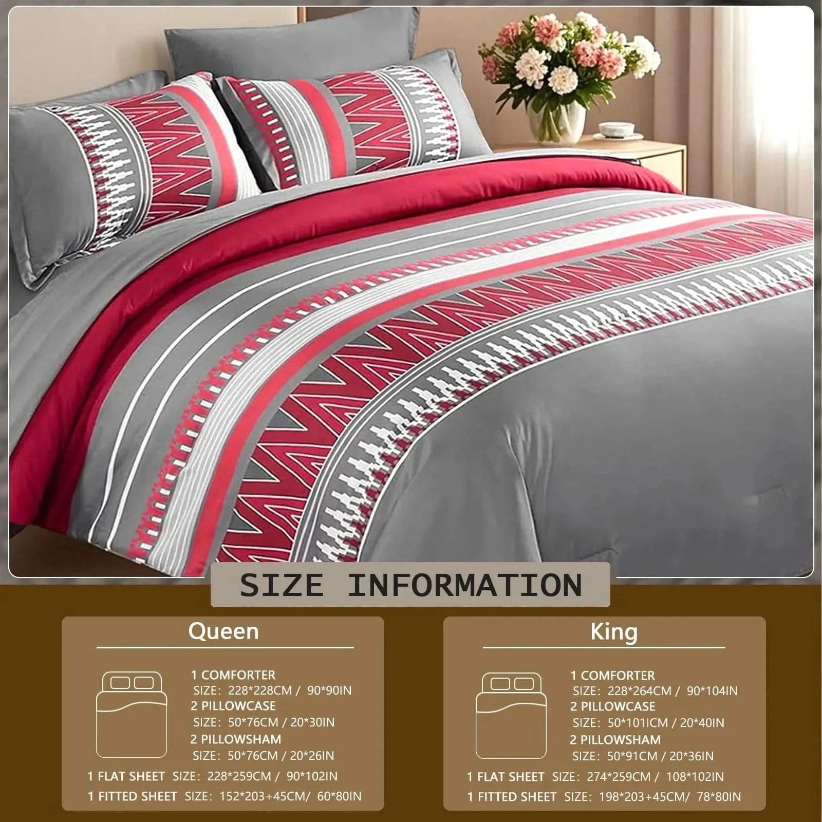 Bedding set with red and gray pattern on a bed, size information displayed.
7-piece microfiber bedding set

All-season bed comforter

Soft brushed microfiber bedding

Luxury quilt set for queen bed

Fade-resistant bedding set

Machine washable comforter set

Elegant bedroom decor

Gift bedding set for women

Hypoallergenic bedding