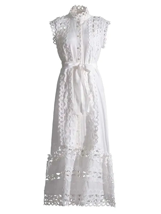 JAMERARY Designer New Summer Holiday White Embroidery Cotton Long Dress Women Sleeveless Midi Prom Evening Dresses Party Robe - M & M Global