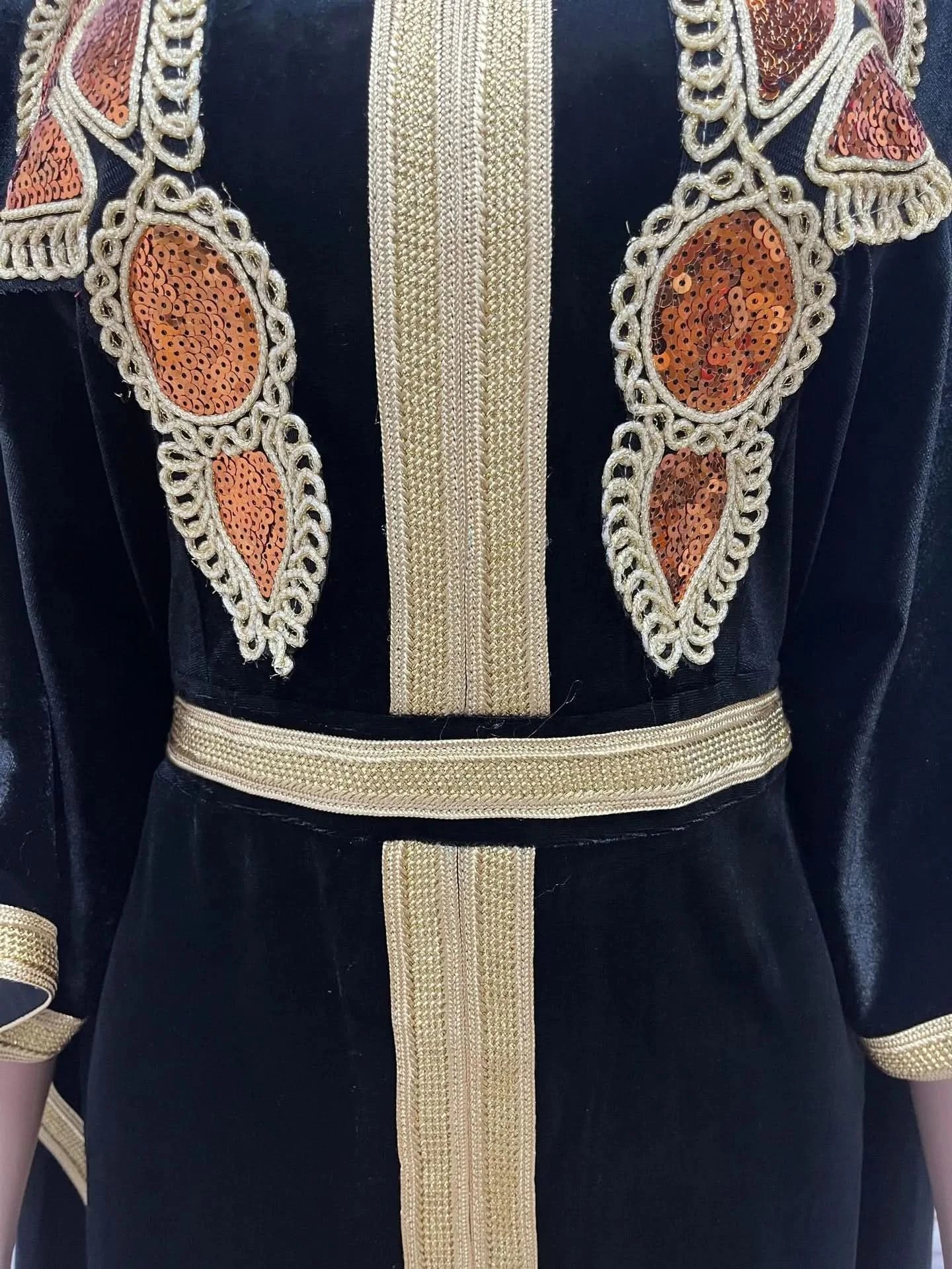 Ramadan Luxury Muslim Fashion Bat Sleeve Moroccan Turkiye Dubai Dress Middle East Arab Dress Sequins Golden Velvet Long Dress - M & M Global