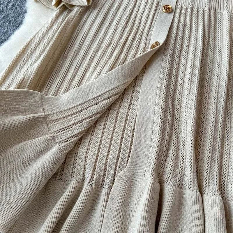 2024 Green Fashion Autumn Winter Knitted Long Dress French Style Letter Buttons Elegant Sweater Dress Lady Office Bodycon - M & M Global