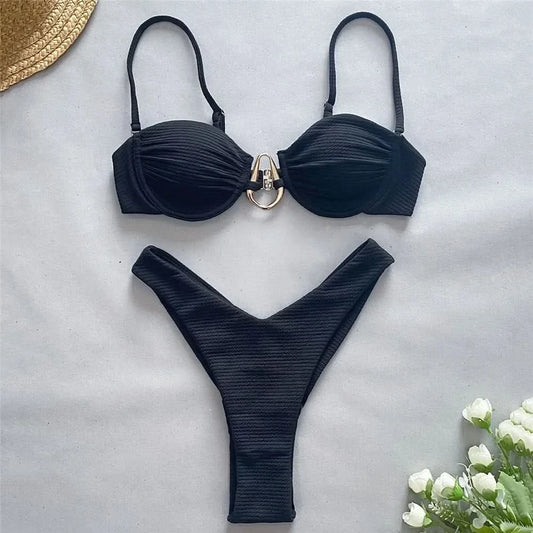 Sexy Black Push Up Bikini 2025 Women Swimwear Wrinkled Underwired Swimsuit High Cut Bathing Suit Metal Ring Bikinis Sets Biquini - M & M Global
