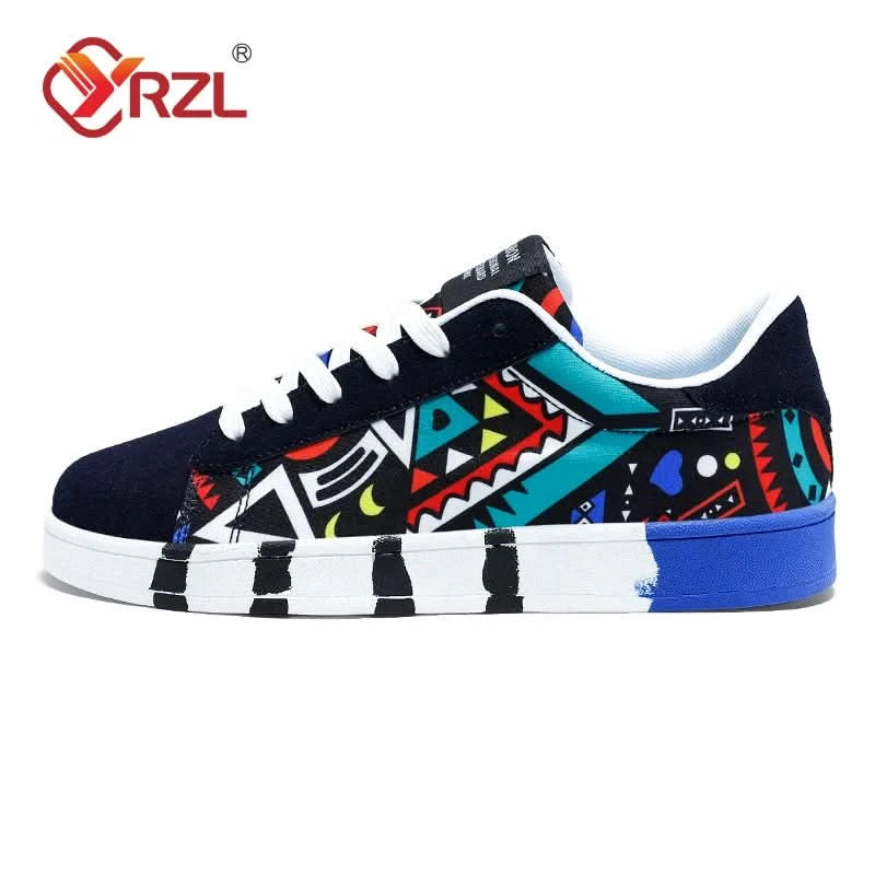 YRZL Men's Sports Running Shoes Canvas Geometric Style Lace-Up Sneakers Couples' Fashionable Graffiti Print Skate Shoes Men - M & M Global