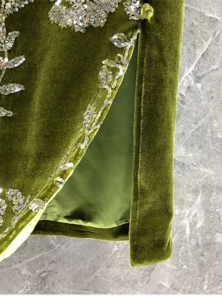 Retro Green Velvet Split Skirt Women Sequin Floral Heavy Industry High Waist A Line Long Dress Elegant Mid Length Skirt Fashion - M & M Global