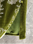 Retro Green Velvet Split Skirt Women Sequin Floral Heavy Industry High Waist A Line Long Dress Elegant Mid Length Skirt Fashion - M & M Global