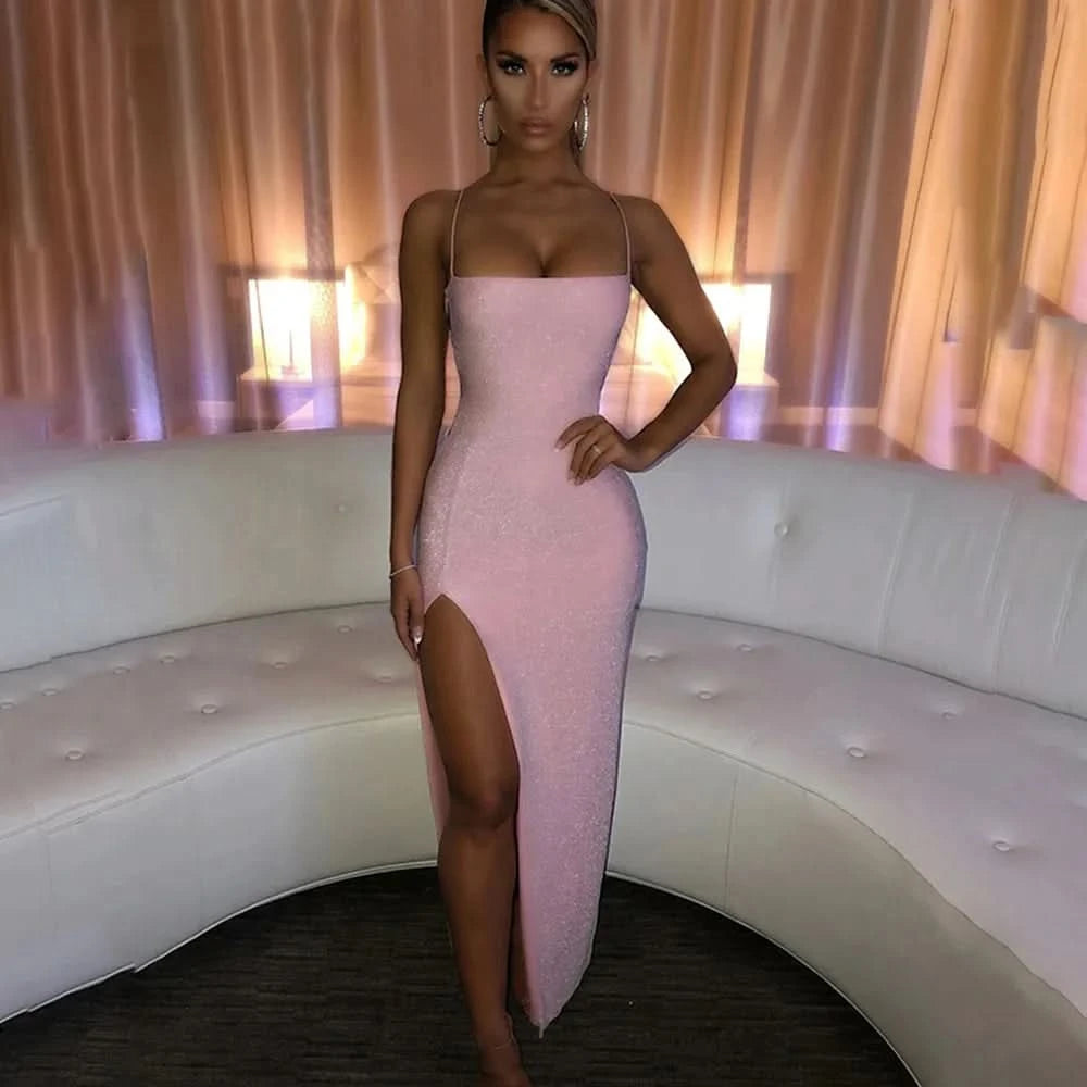 Sexy Bright Diamond Low-Neck Backless Long Dress Women Spaghetti Strap Lace Up Dresses Party Bodycon Elegant Princess Dress 2022 - M & M Global