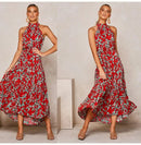 Summer Floral Print Halter Neck Dresses For Women Sleeveless Leace-up Long Dress Casual Beach Holiday Vestidos Female Clothing - M & M Global