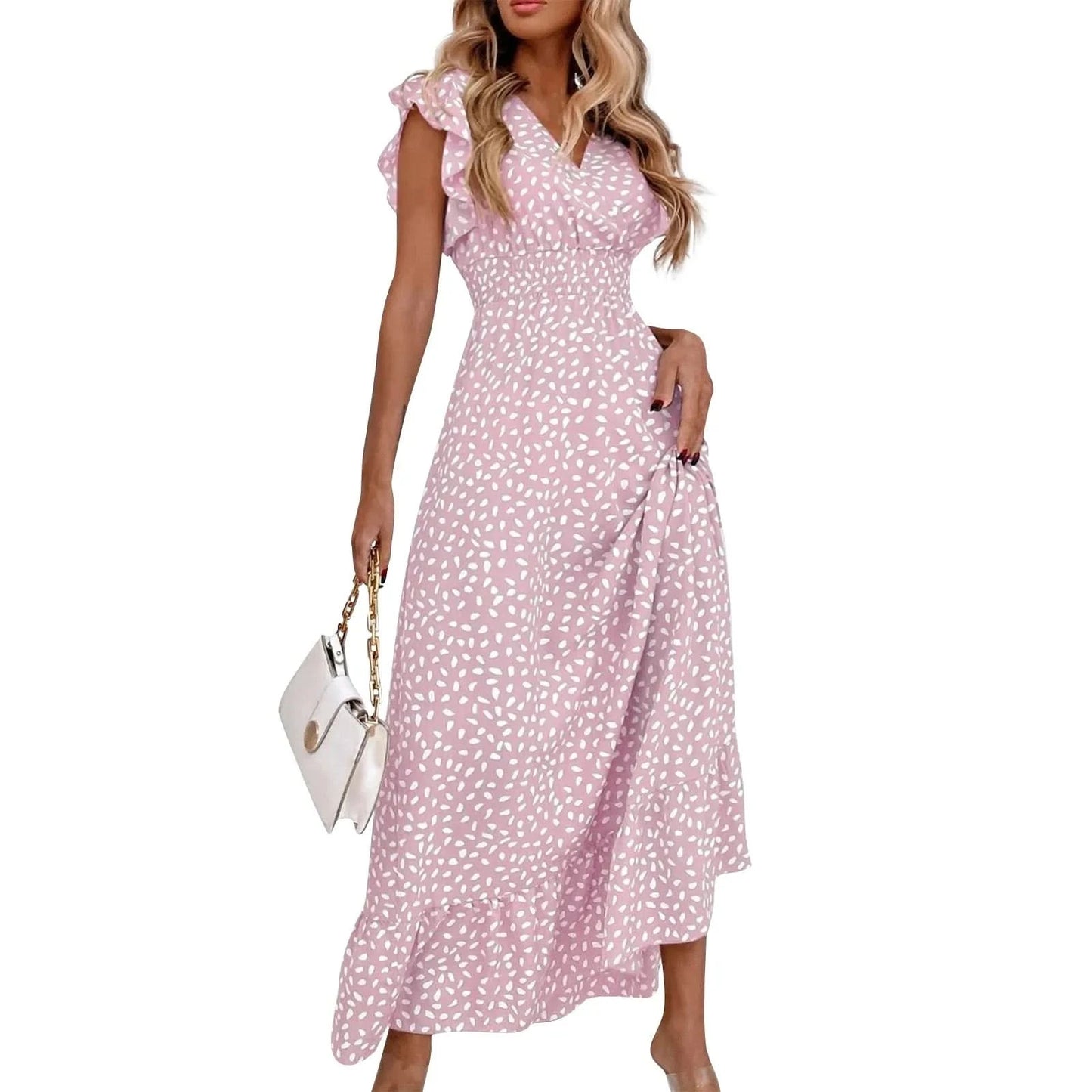 Polka Dot Dress For Women Sexy V-Neck Long Dress Casual And Fashionable Ruffle Edge Short Sleeved High Waisted Dress - M & M Global