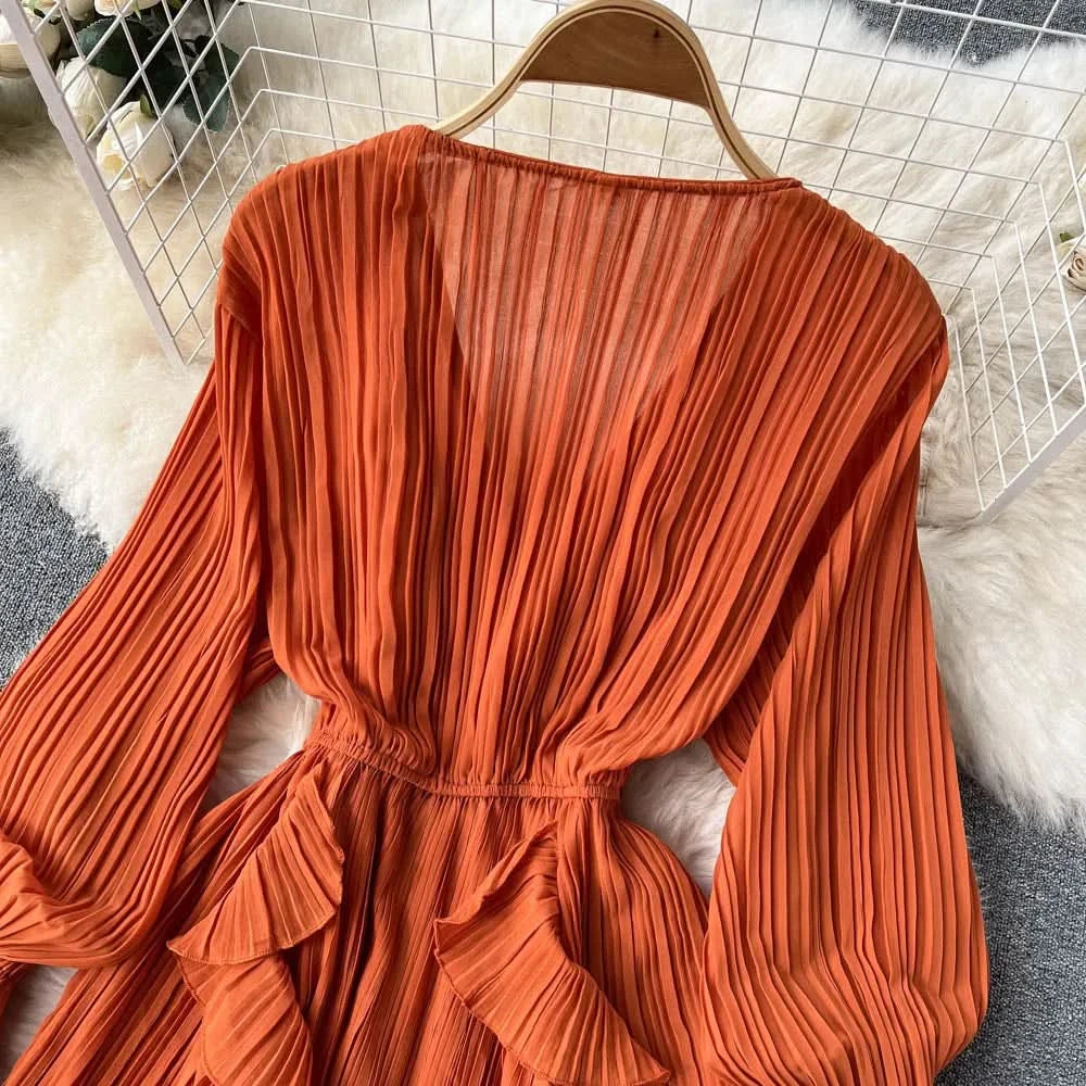 Purple/Brown/Red Chiffon Pleated Long Dress Women Vintage V-Neck Flare Sleeve Draped Ruffle Vestido Female Maxi Robe Spring Fall - M & M Global