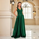 Elegant Sequins Evening Dress For Women 2024 Deep V-neck Satin Prom Party Green Dress Floor Length Blue Formal Gowns