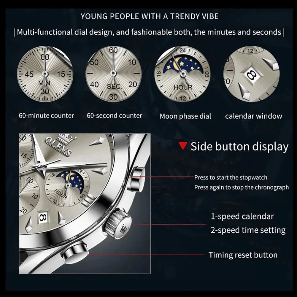 OLEVS Original Watch Leather Strap Moon Phase Luminous Quartz Watches for Man Waterproof Calendar Business Trend Wristwatch - M & M Global