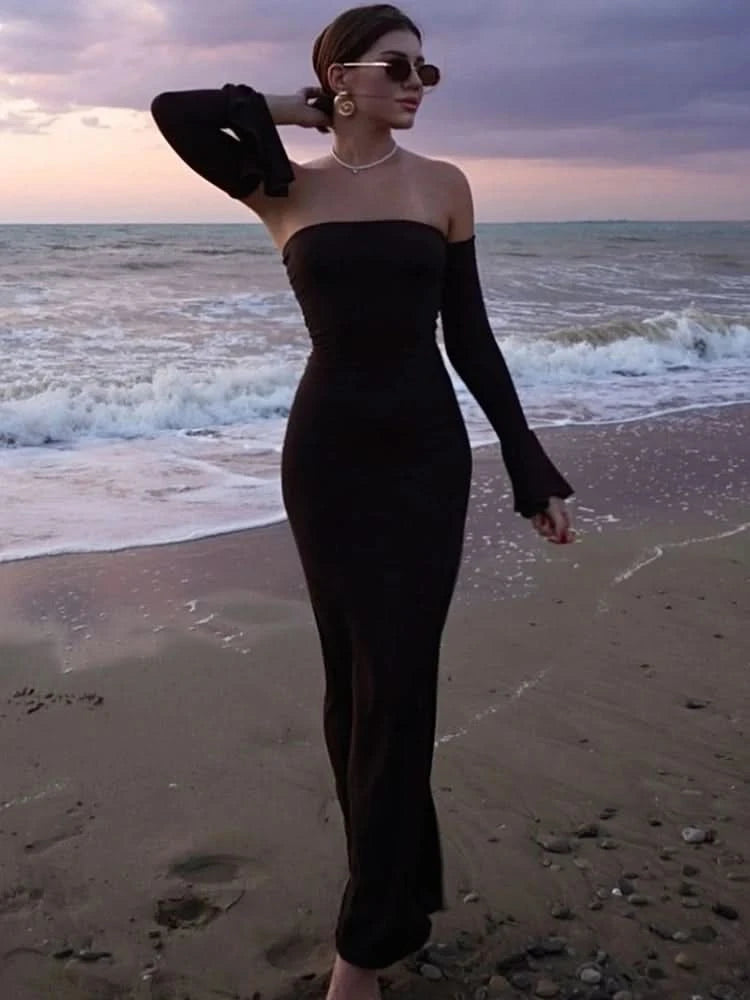 Trendix Black Elegant Evening Dress Women Sexy Off Shoulder Slim High Waist Tube Dresses Beach Party Ruffle Backless Long Dress - M & M Global