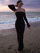 Trendix Black Elegant Evening Dress Women Sexy Off Shoulder Slim High Waist Tube Dresses Beach Party Ruffle Backless Long Dress - M & M Global