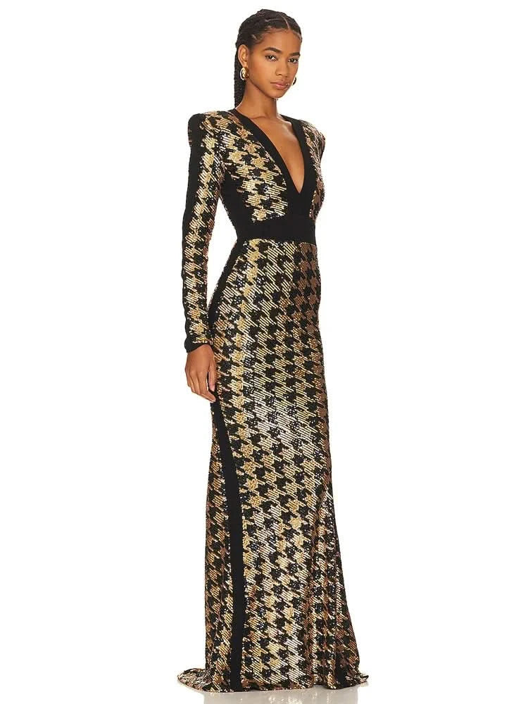 Sexy V Neck Bird Lattice Sequins Maxi Dress Women Black Gold Sequin Long Sleeves Bocycon Long Dress Runway Evening Party Gown - M & M Global