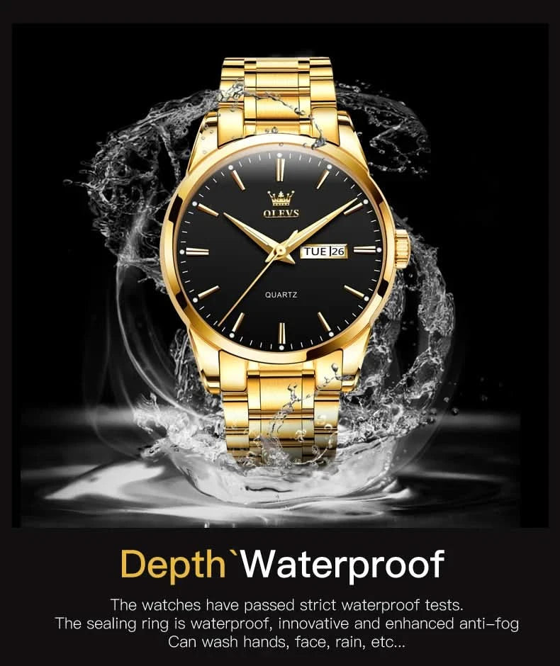 OLEVS Men Watches Waterproof Stainless Steel Quartz Male Wristwatch Gold Watch Fashion Luminous Luxury Calendar Business Clock - M & M Global