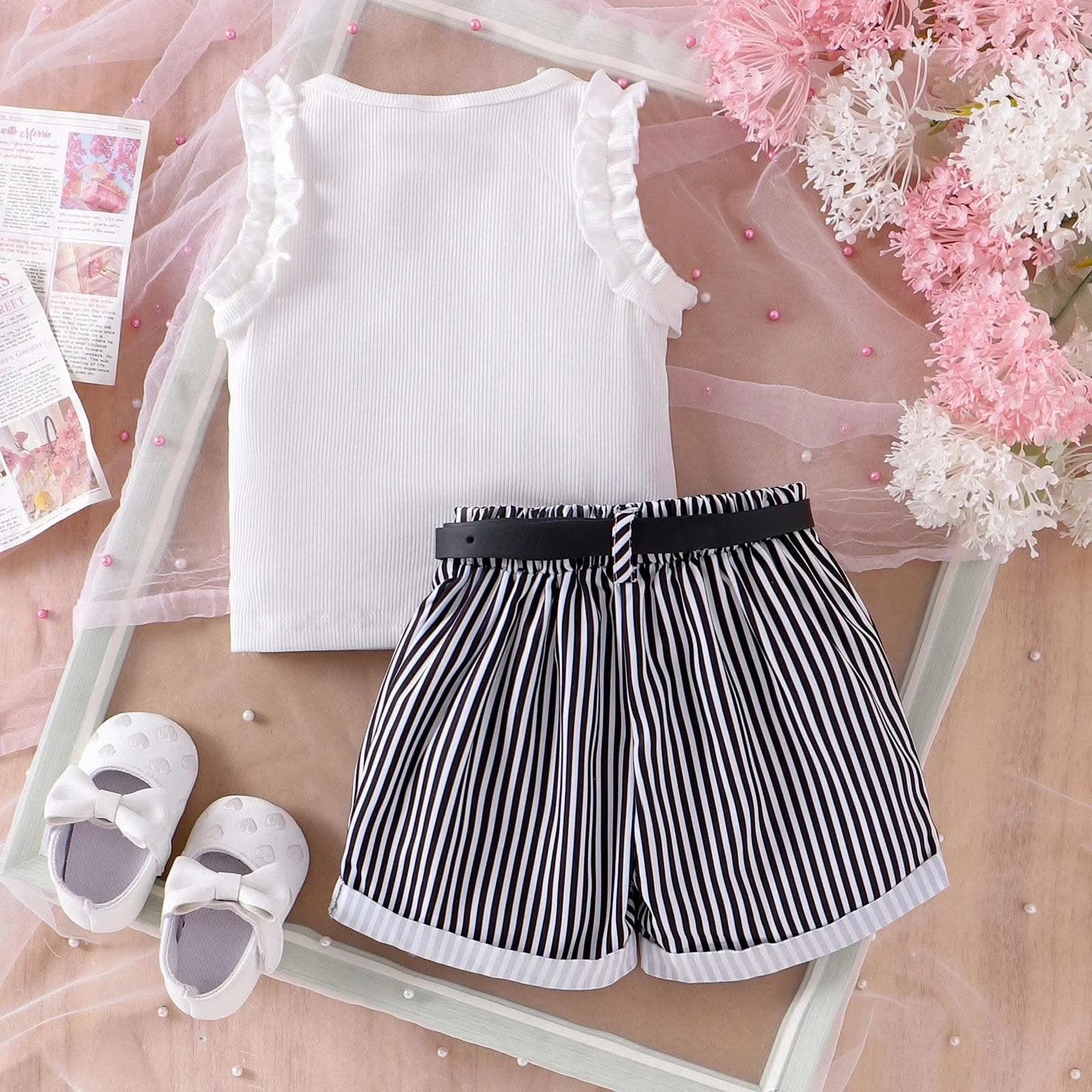 3PCS Summer New Style Comfortable And Fashionable Pink Pit Strip Vest + Shorts Set For Girls Aged 0-3 - M & M Global