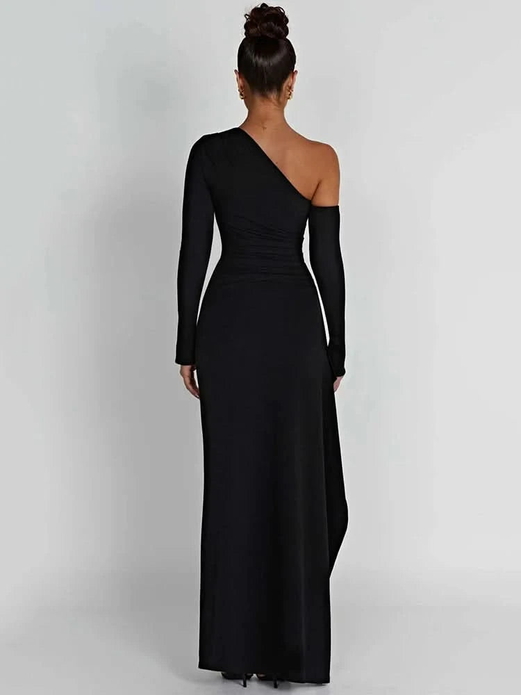 Mozision Oblique Shoulder Thigh High Split Maxi Dress Women Long Sleeve Backless Bodycon Sexy Club Party Long Dress Vestidos - M & M Global